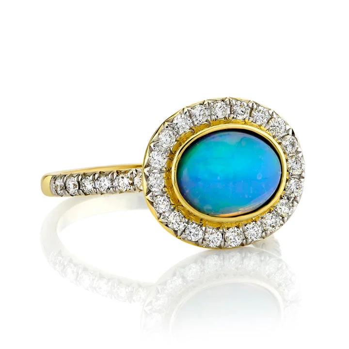 Women's rings aquamarine-18k Yellow Gold Opal & Diamond Halo Ring