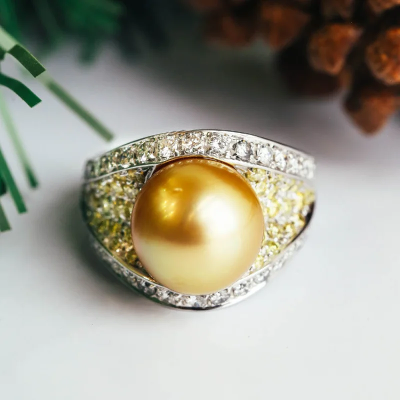 Women's rings refined-silver-Golden Pearl Ring with Diamond Accents