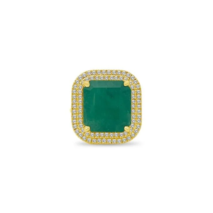 Women's rings retro-glam-Emerald Cut Emerald Ring with a Double Diamond Halo