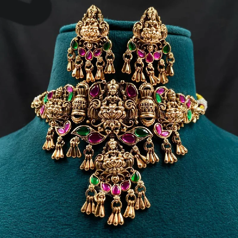 Women's necklaces fine-gemstone-Royal Kundan Jewellery Gold Plated Pota Stone And Pearls Temple Choker Necklace Set