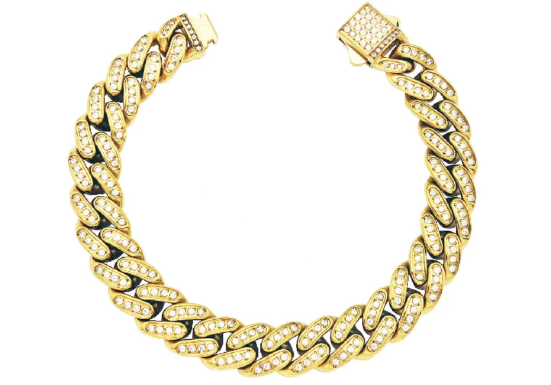 Women's bracelets soft-style-Men's 12mm Gold Stainless Steel Iced Out Miami Cuban Link Chain Bracelet