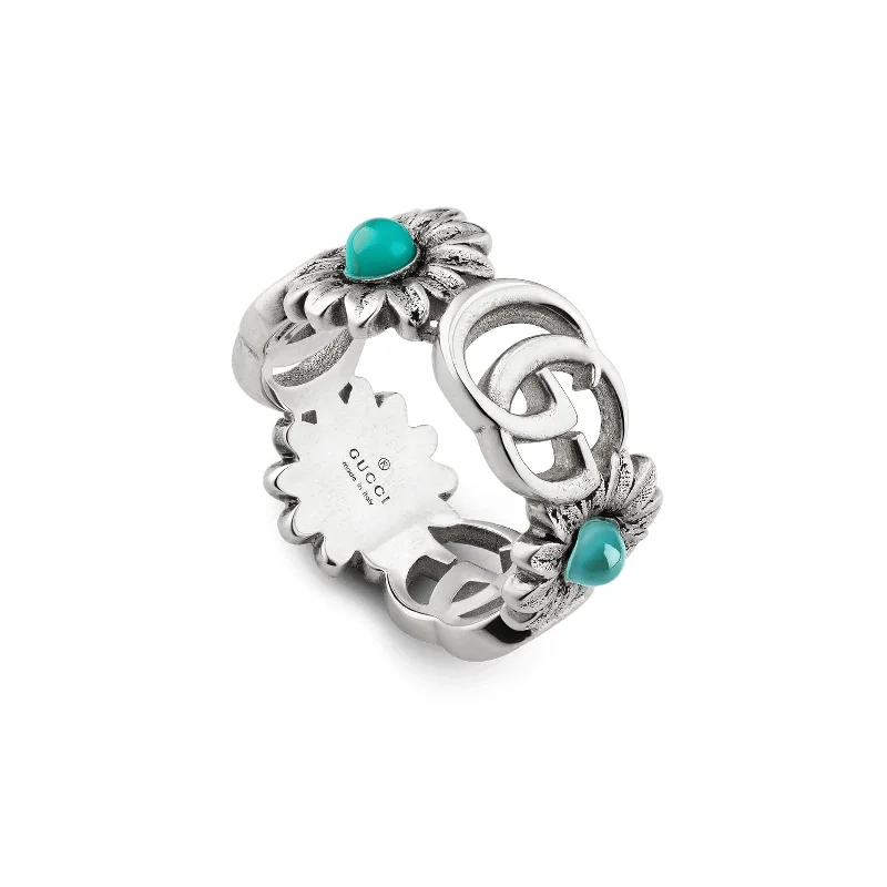 Women's rings contemporary-Double G Flower Ring with Mother of Pearl and Blue Topaz (Size 14)