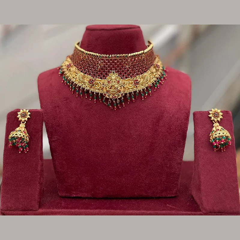 Women's necklaces enduring-elegance-Manisha Jewellery Gold Plated Pota Stone And Pearls Temple Choker Necklace Set