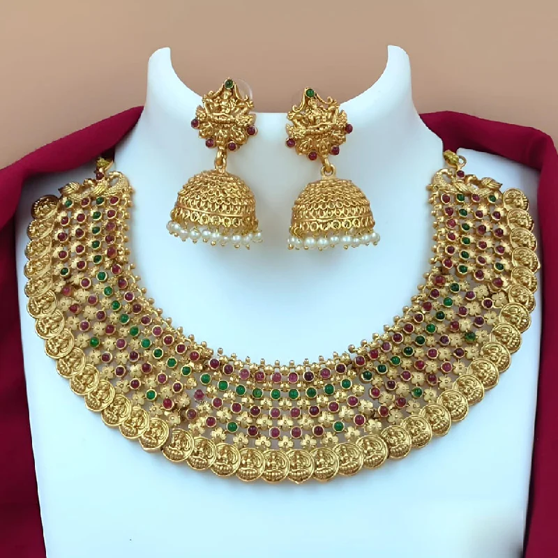 Women's necklaces refined-gold-Joyful Jewel Art Matte Gold Plated Pota Stone Temple Necklace Set