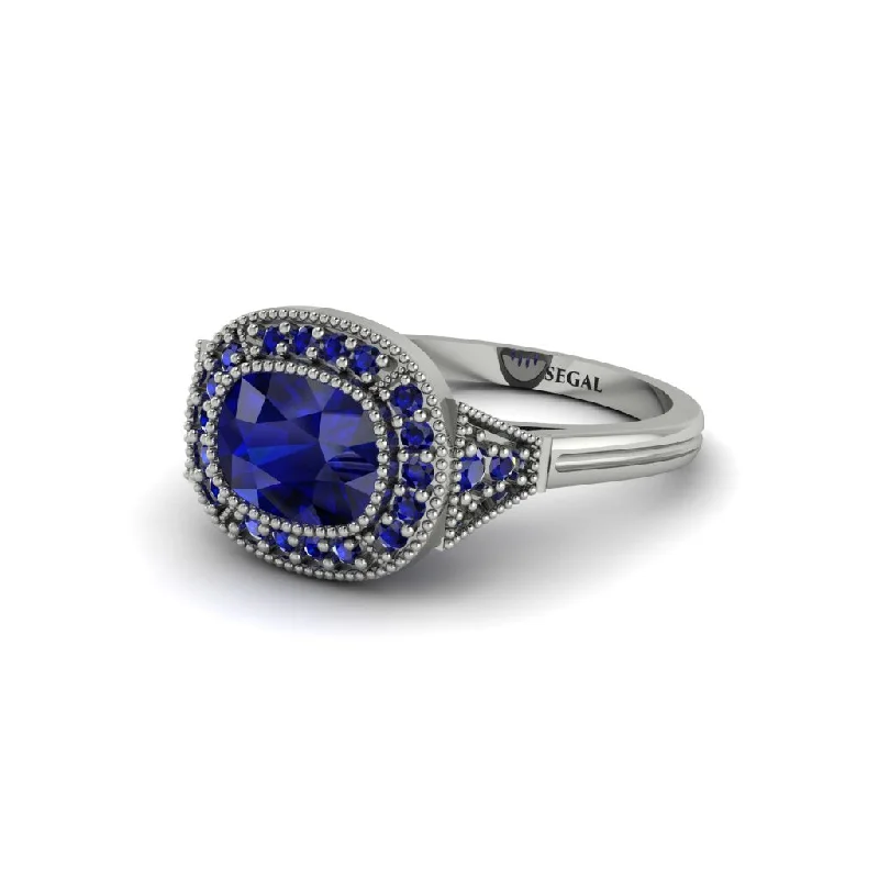 Women's engagement rings radiant-band-Cushion Cut Sapphire Milgrain Halo Engagement Ring - Blake No. 75