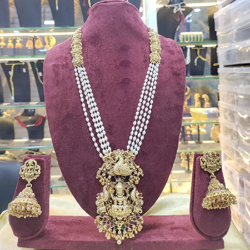 Women's necklaces daily-glow-Manisha Jewellery Gold Plated Pota Stone And Pearl Temple Long Necklace Set