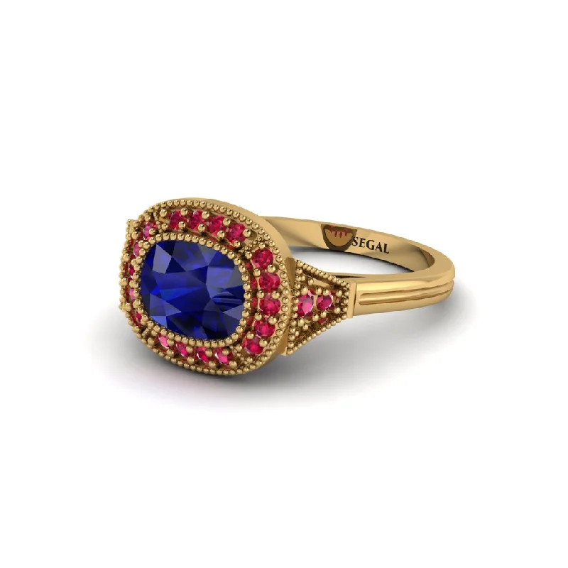 Women's engagement rings delicate-band-Cushion Cut Sapphire Milgrain Halo Engagement Ring - Blake No. 58