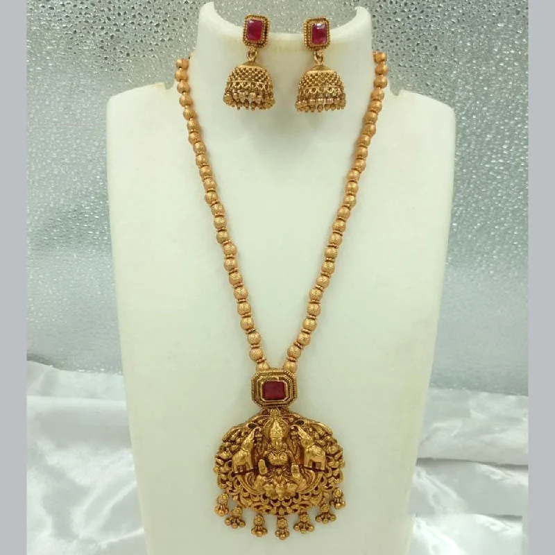 Women's necklaces creative-chain-Joyful Jewel Art Matte Gold Plated Pota Stone And Temple Necklace Set