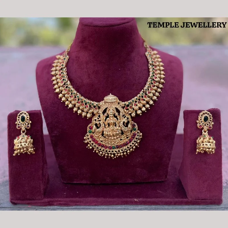 Women's necklaces refined-silver-FS Collection Gold Plated Pota Stone Temple Necklace Set