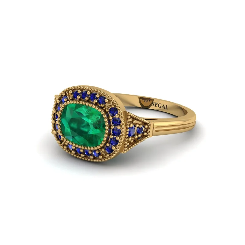 Women's engagement rings forever-gem-Cushion Cut Emerald Milgrain Halo Engagement Ring - Blake No. 64