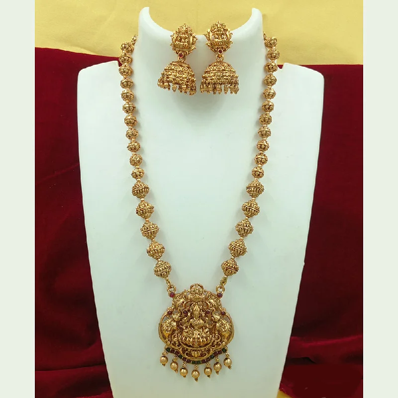 Women's necklaces daily-gem-Joyful Jewel Art Matte Gold Plated Pota Stone Temple Long Necklace Set