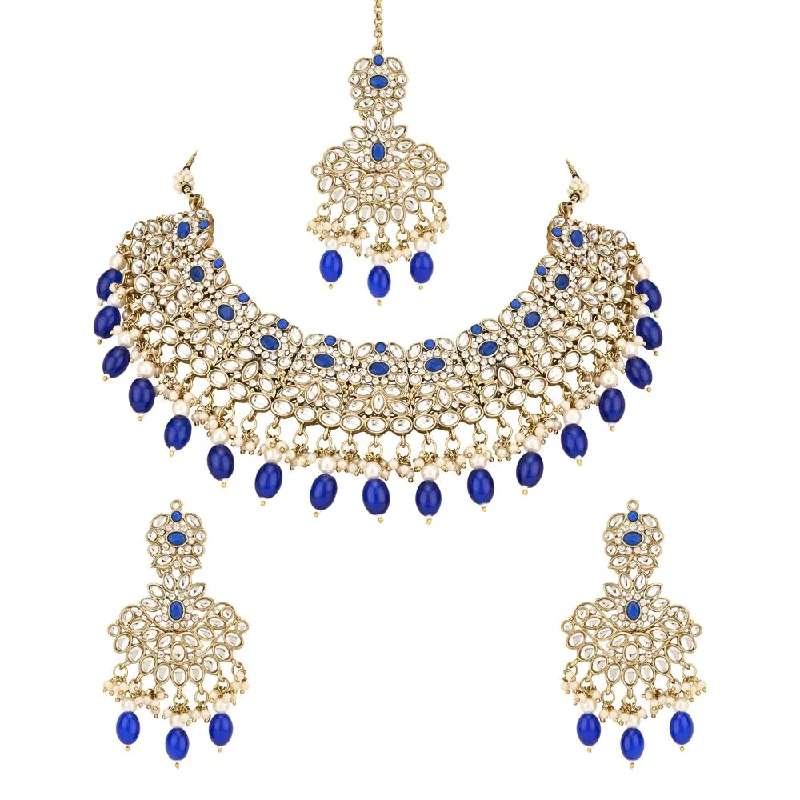 Women's necklaces garnet-Etnico Gold Plated Traditional Kundan Pearl Drop Bridal Choker Necklace With Chandbali Earrings & Maang Tikka Jewellery Set For Women/Girls (K7257Bl)