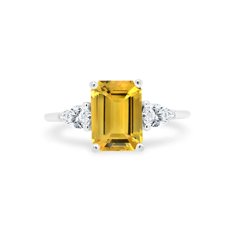 Women's rings fine-rose-Emerald Cut Citrine with Pear Cut Diamond Side Stones