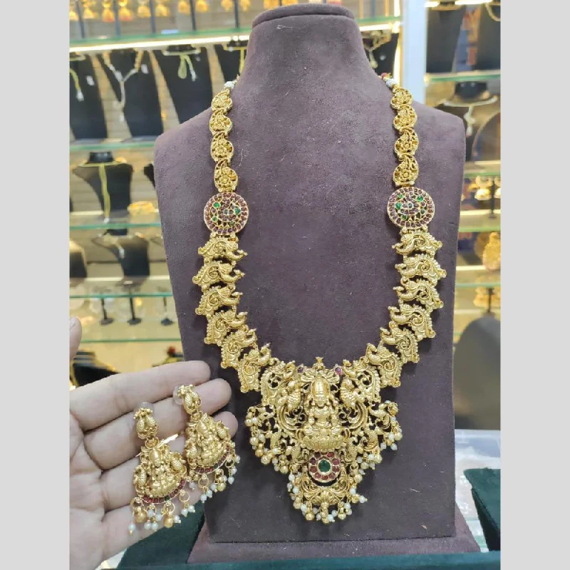 Women's necklaces fine-gold-chain-Manisha Jewellery Gold Plated Pota Stone And Pearls Temple Long Necklace Set