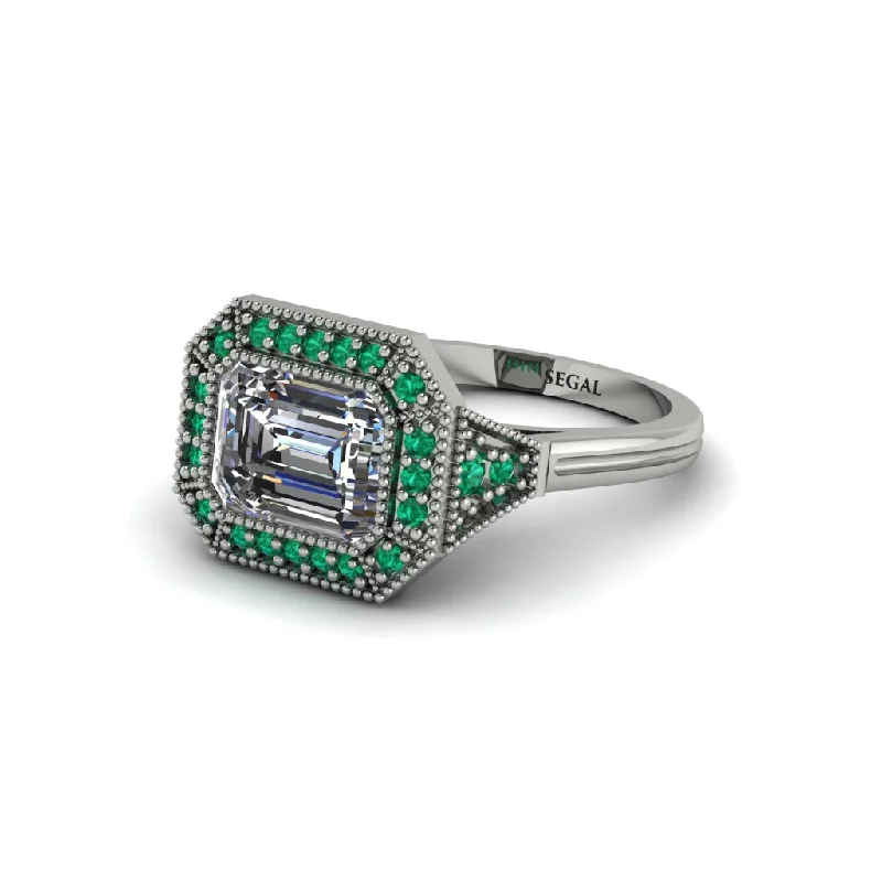 Women's engagement rings delicate-style-Emerald Cut Diamond Milgrain Halo Engagement Ring - Juniper No. 18