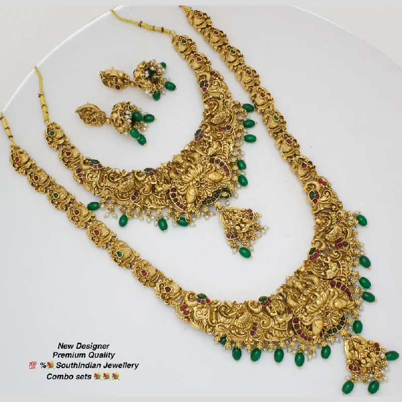 Women's necklaces striking-metal-Manisha Jewellery Gold Plated Pota Stone And Beads Temple Double Necklace Set