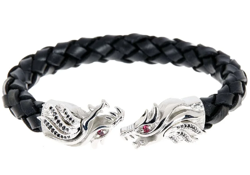 Women's bracelets artisan-finish-Mens Black Leather Stainless Steel Dragon Bracelet With Red And Black Cubic Zirconia