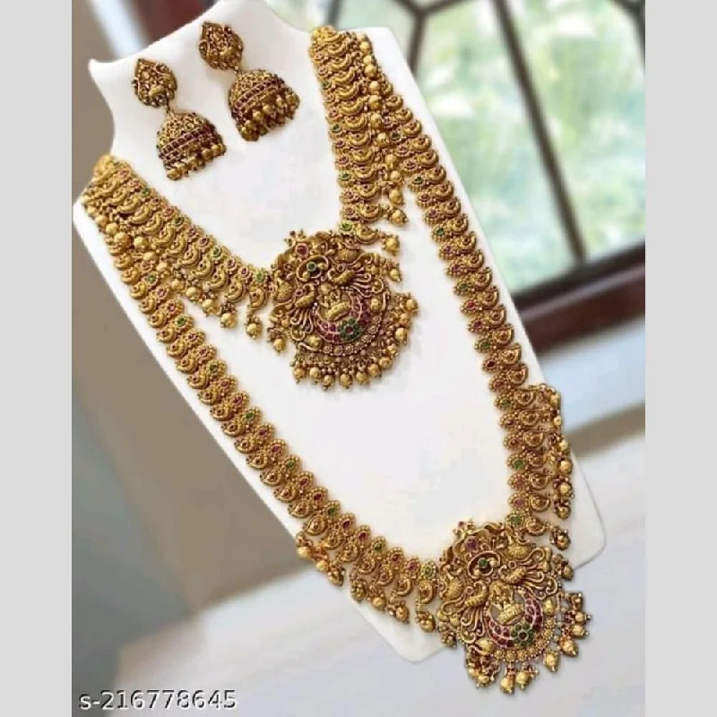 Women's necklaces fine-chic-Manisha Jewellery Gold Plated Pota Stone Temple Double Necklace Set