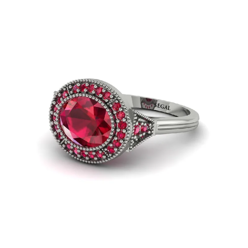 Women's engagement rings radiant-platinum-Oval Cut Ruby Milgrain Halo Engagement Ring - Alexandria No. 57