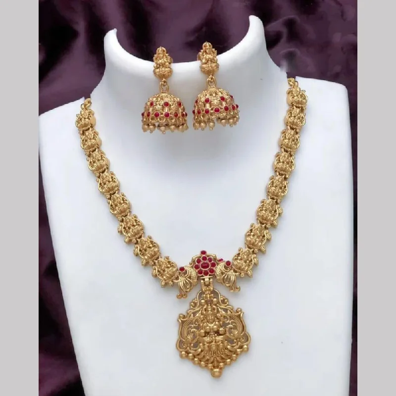 Women's necklaces love-stone-Joyful Jewel Art Matte Gold Plated Pota Stone Temple Necklace Set