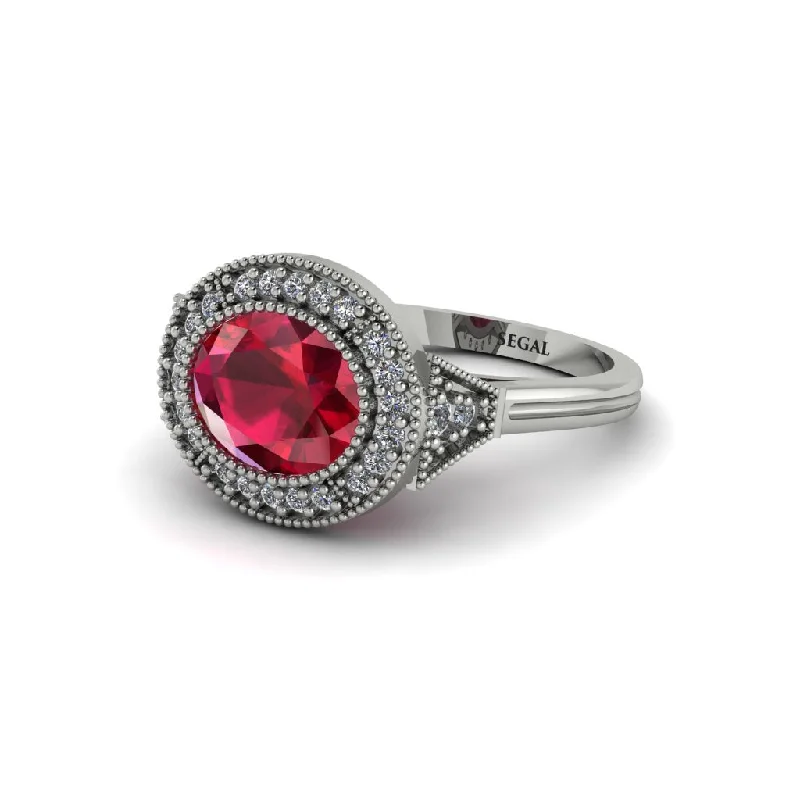 Women's engagement rings eternal-grace-Oval Cut Ruby Milgrain Halo Engagement Ring - Alexandria No. 12