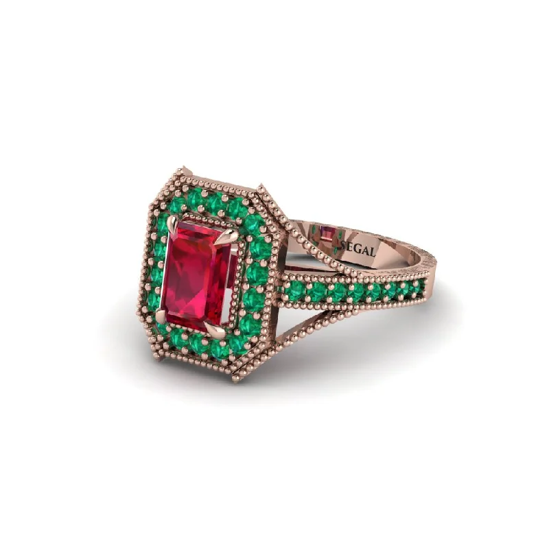 Women's engagement rings radiant-pink-Emerald Cut Emerald Milgrain Halo Engagement Ring - Xanthe No. 26