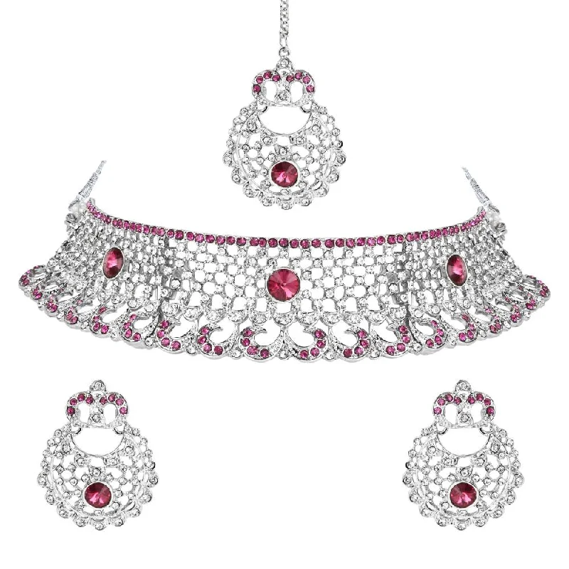 Women's necklaces radiant-gem-Etnico Silver Plated Traditional Design Stone Work Choker Necklace Jewellery Set With Chandbali Earring & Maang Tikka For Women/Girls (M4171ZWi)