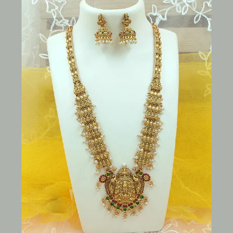 Women's necklaces high-gold-Joyful Jewel Art Matte Gold Plated Pota Stone Temple Long Necklace Set