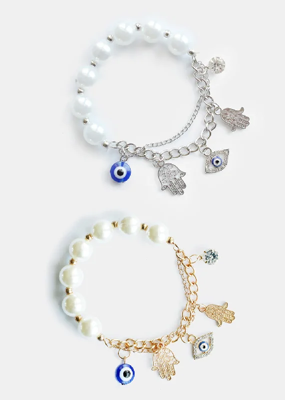 Women's bracelets fine-cuff-Hamsa Hand Charm Bracelet with Pearls