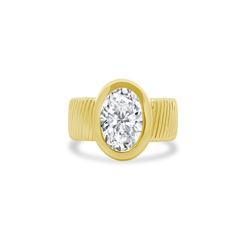 Women's rings contemporary-Bezel Set Oval Cut Solitaire on Detailed Gold Band