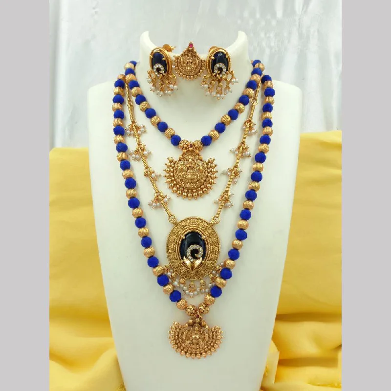 Women's necklaces fine-chic-Joyful Jewel Art Matte Gold Plated Austrian Stone Temple Long Necklace Combo