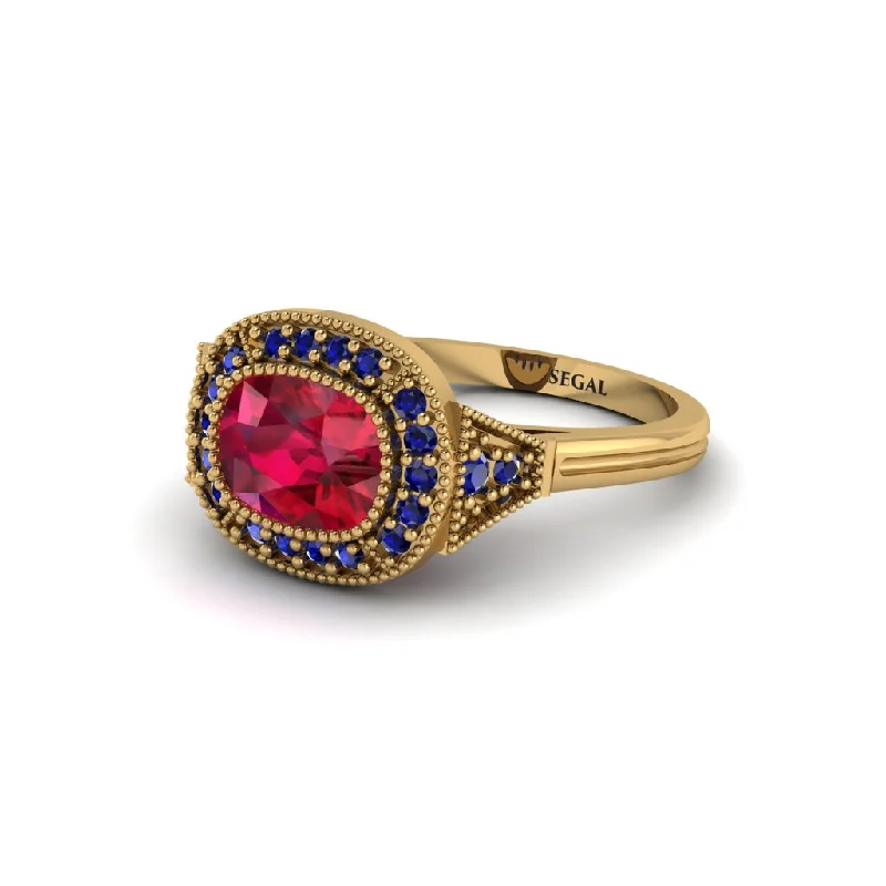 Women's engagement rings radiant-rose-band-Cushion Cut Ruby Milgrain Halo Engagement Ring - Blake No. 70