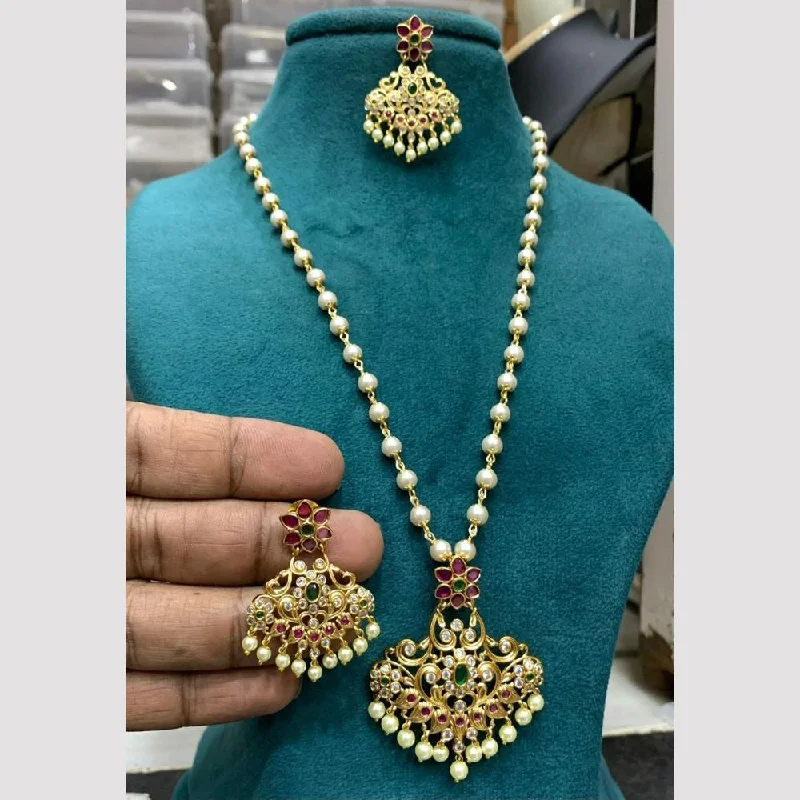 Women's necklaces fine-rose-chain-Sona Creation Gold Plated Pota Stone And Pearls Temple Necklace Set