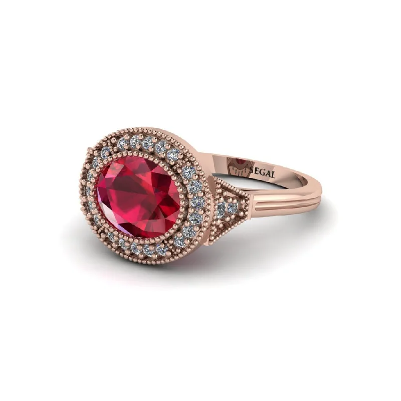 Women's engagement rings artisan-band-Oval Cut Ruby Milgrain Halo Engagement Ring - Alexandria No. 11