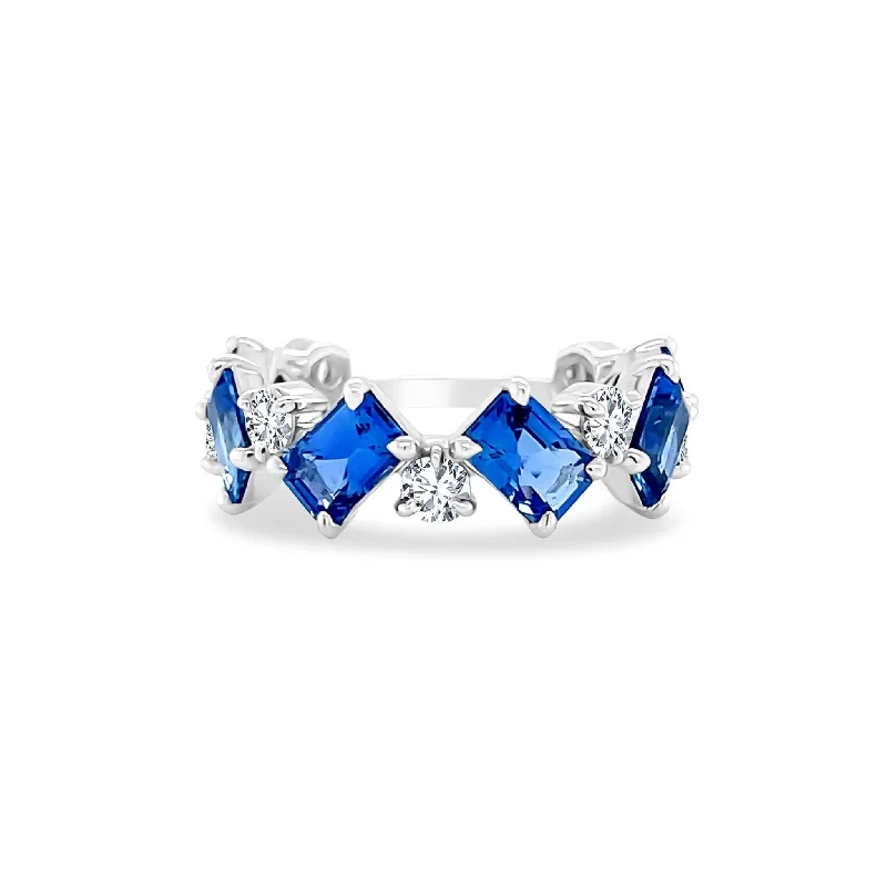 Women's rings evening-ready-Rotating Round Diamond and Emerald Cut Sapphire Band