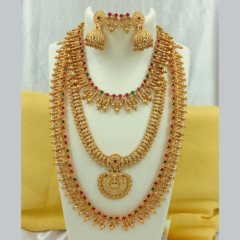 Women's necklaces refined-chain-Joyful Jewel Art Matte Gold Plated Pota Stone Temple Long Necklace Combo