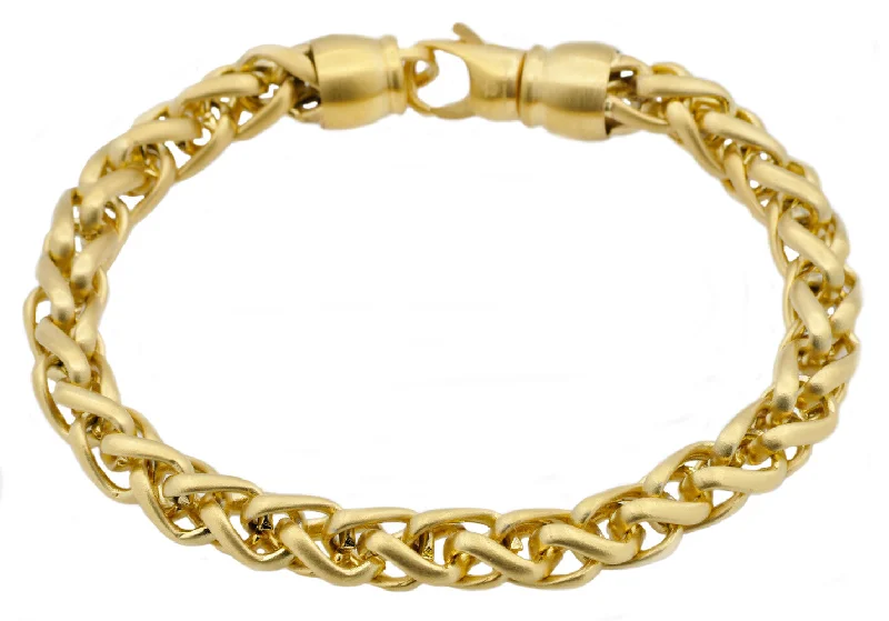 Women's bracelets fine-design-Mens Gold Stainless Steel Wheat Link Chain Bracelet