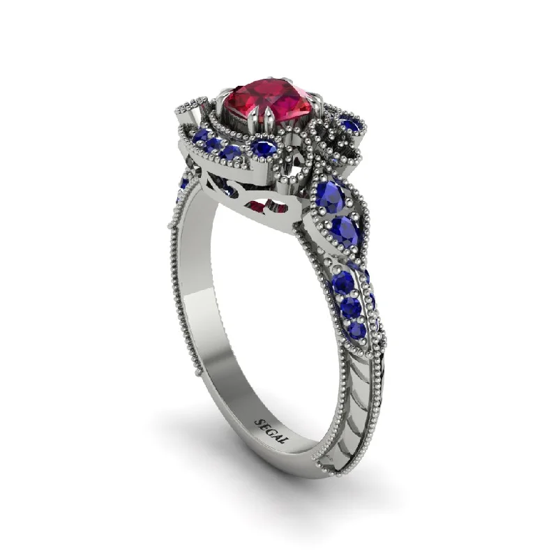 Women's engagement rings radiant-pink-Ruby Vintage Filigree Cushion Cut Engagement Ring - Elaina No. 72