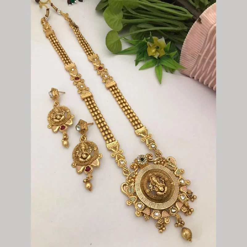 Women's necklaces enduring-style-FS Collection Gold Plated Pota Stone Meenakari Temple Long Necklace Set