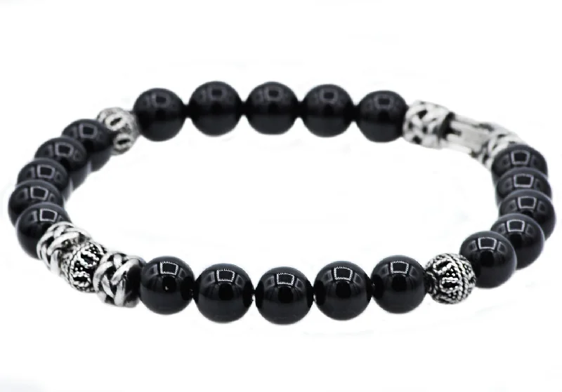 Women's bracelets fine-silver-Mens Genuine Onyx Stainless Steel Beaded Bracelet