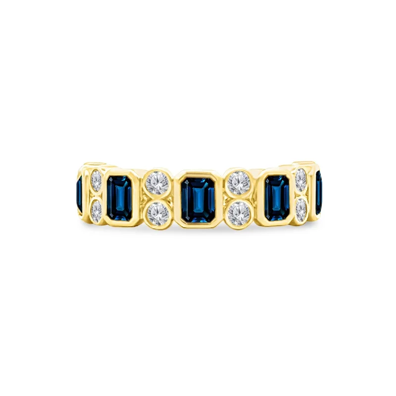 Women's rings fine-fit-Alternating Emerald Cut Blue Sapphire & Double Diamond Bezel Band