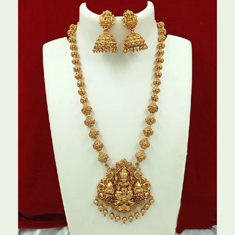 Women's necklaces contemporary-chain-Joyful Jewel Art Matte Gold Plated Pota Stone Temple Long Necklace Set