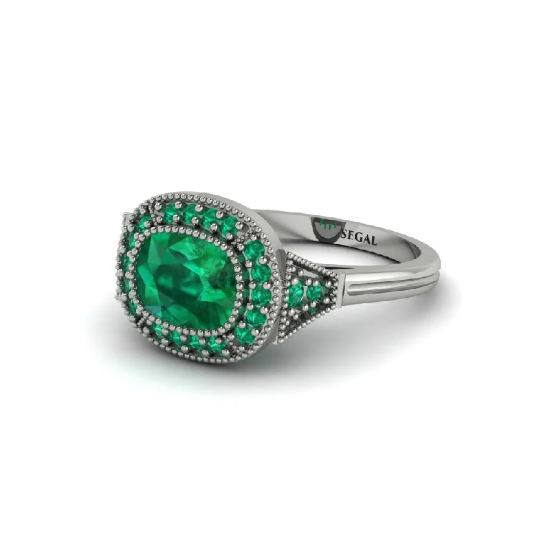 Women's engagement rings forever-chic-Cushion Cut Emerald Milgrain Halo Engagement Ring - Blake No. 21