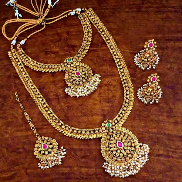 Women's necklaces striking-chic-Darshana Jewels Pota Stone Double Necklace Set With Maang Tikka - FAP0090