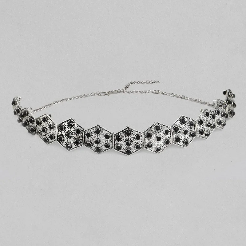 Women's necklaces refined-blush-Darshana Jewels Designer Oxidised Plated Black Stone Collar Necklace For Girls and Women