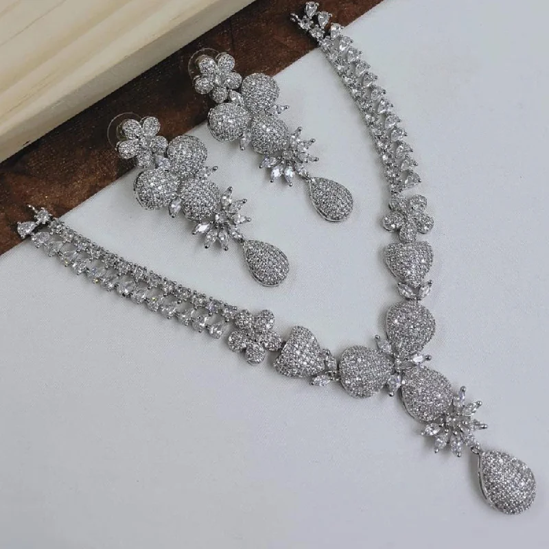 Women's necklaces fine-style-SNERA Silver Plated American Diamond Necklace Set