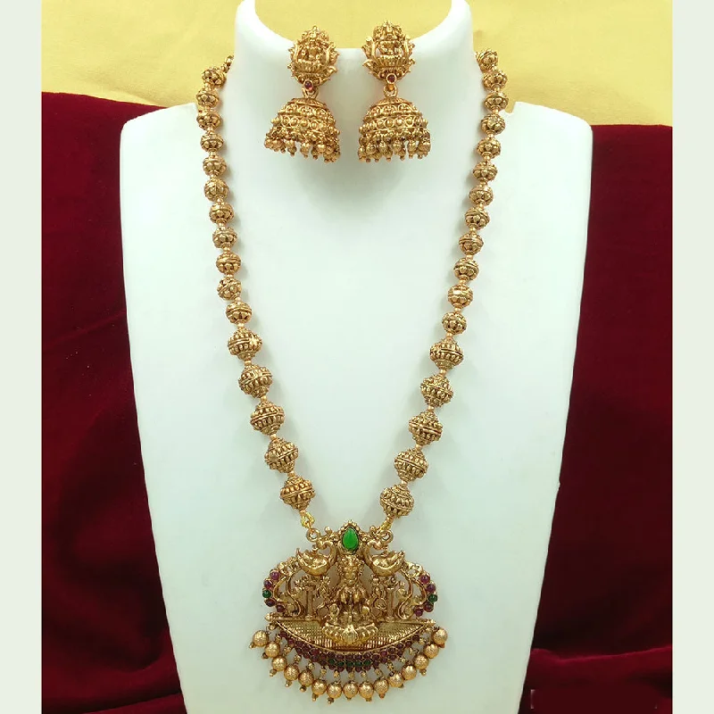 Women's necklaces soft-gem-Joyful Jewel Art Matte Gold Plated Pota Stone Temple Long Necklace Set