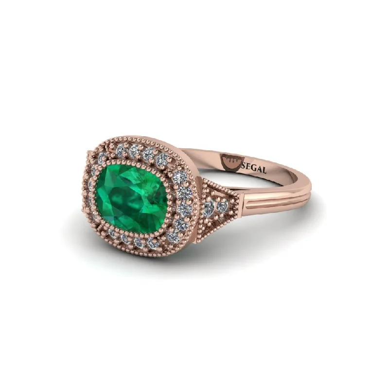 Women's engagement rings vintage-lux-Cushion Cut Emerald Milgrain Halo Engagement Ring - Blake No. 5