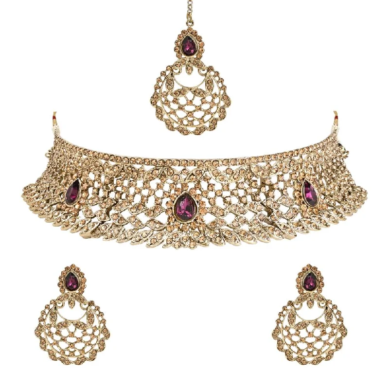 Women's necklaces fine-gemstone-Etnico Gold Plated Traditional Design Stone Work Choker Necklace Jewellery Set With Chandbali Earring & Maang Tikka For Women/Girls (M4170FLWi)