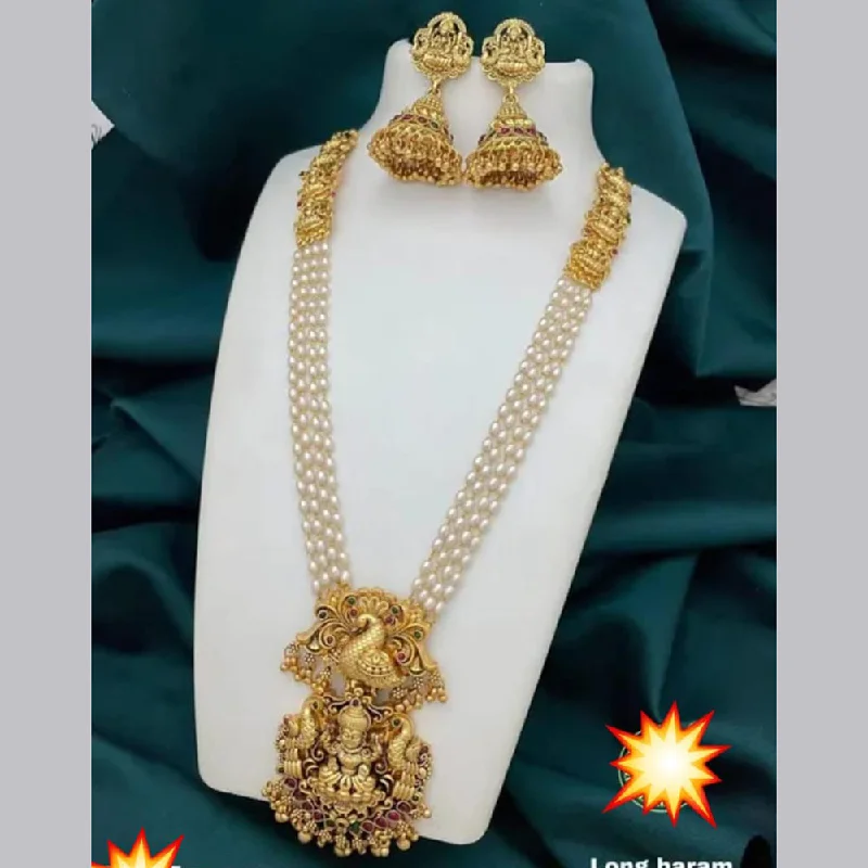 Women's necklaces artisan-chain-Manisha Jewellery Gold Plated Pota Stone And Pearls Temple Necklace Set